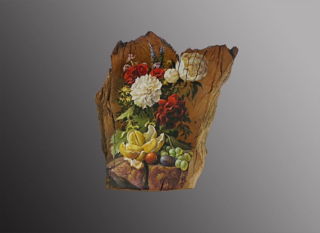 "Крымский букет"  - живопись маслом на срезе корневой части усохшего крымского скального дуба